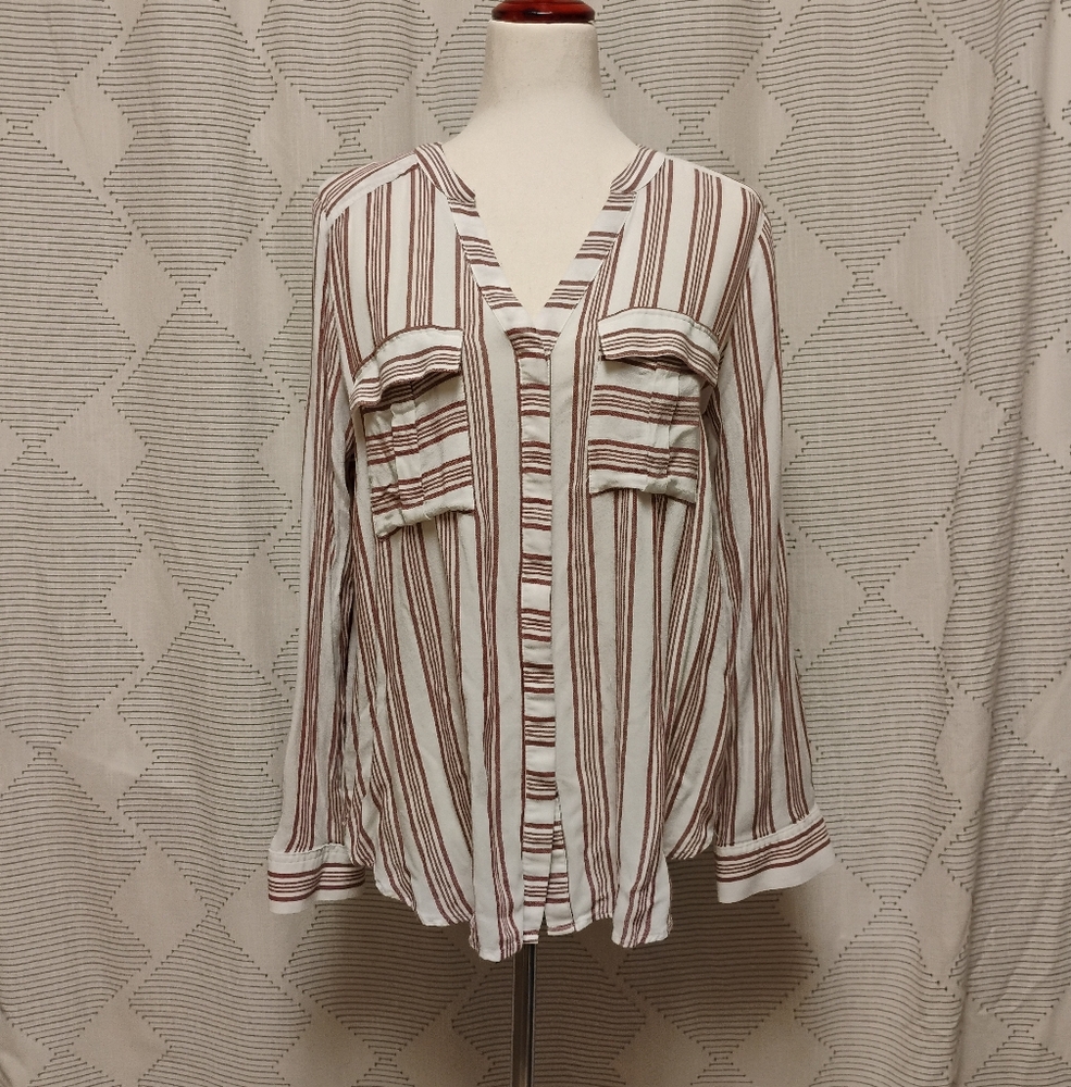 A.N.A Striped V-Neck Button Up Blouse Rusty Raspberry and White Size Large Women